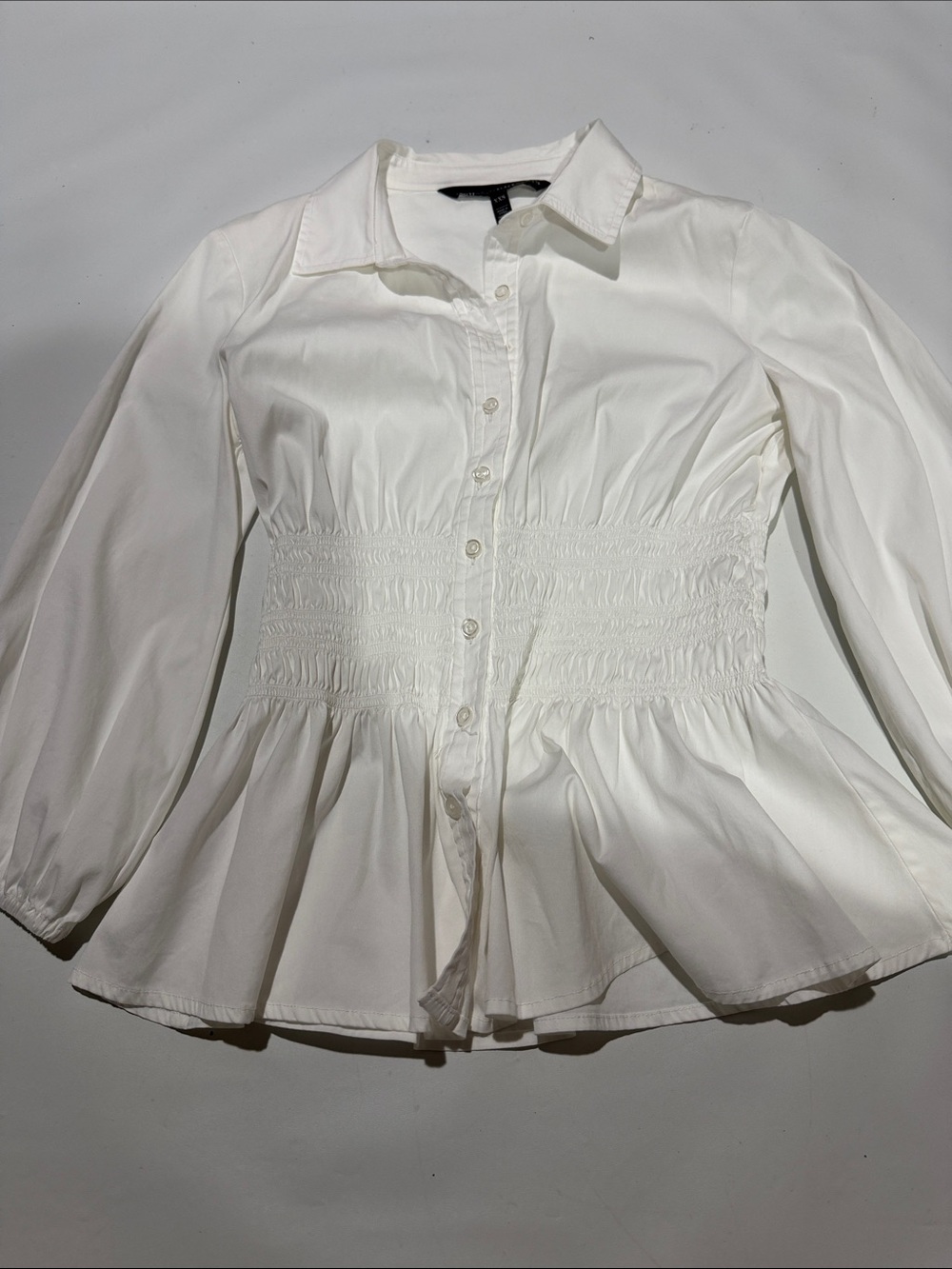 White House Black Market White Smocked Peplum Button-Down Top